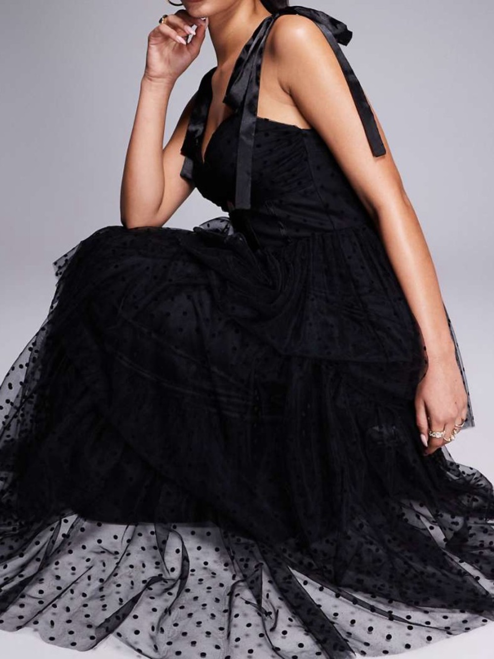 Lulus Billie Swiss Dot Bow Shoulder Tiered Maxi Dress NWT Size XL - Picture 2 of 8